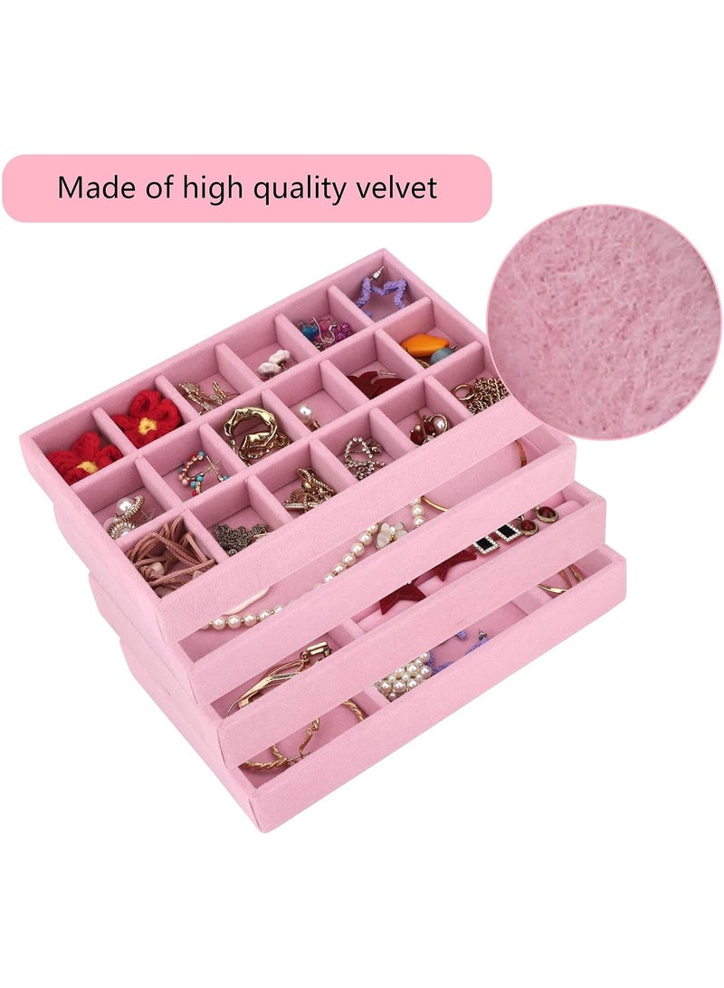 المجوهرات علون منظم مجموعة من 4 مخملية قابلة للتراكم المجوهرات درج منظم علون أقراط حلقة قلادة سوار عرض عرض علون تخزين المجوهرات ، 4 أسلوب (وردي) - Image 3